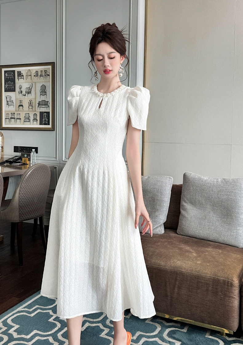 Đầm maxi nữ cổ tròn tay ngắn eo cao chân váy xòe rộng — [Trắng kem] chi tiết 10