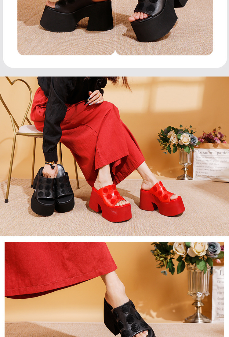 Dép sandal nữ da bò thật đế dày gót cao phong cách tối giản — Màu đen, Màu đỏ