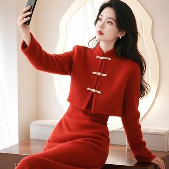 New Chinese Style Small Fragrance National Style Retro Buckle Suit Elegant New Year Red Jacket and Skirt Two-Piece Set