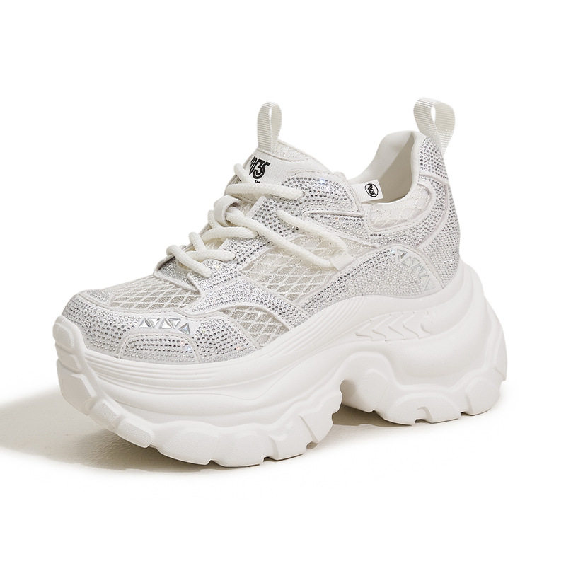 Sneaker nữ chunky đế dày rhinestone mũi tròn dây buộc — Trắng, Bạc, Đen