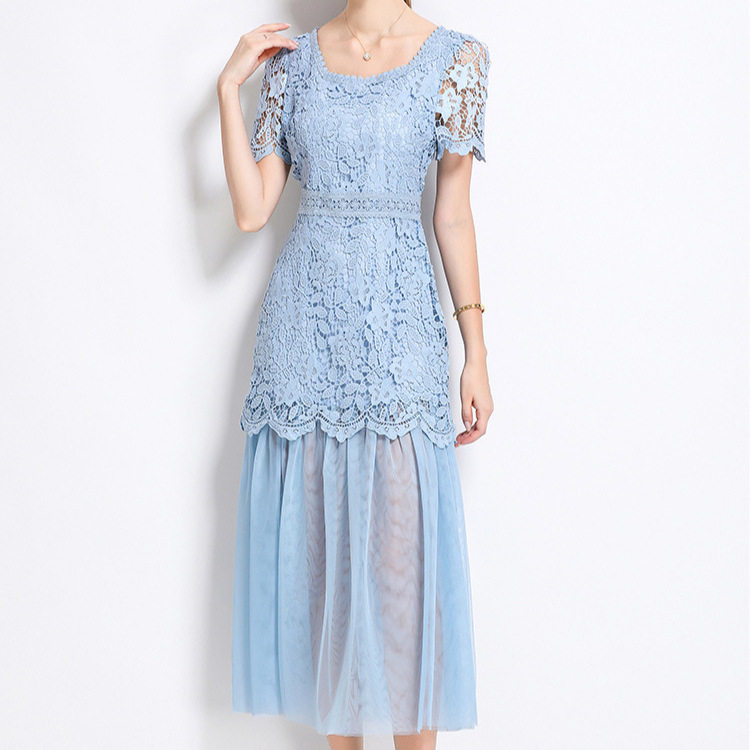 Elegant Summer Lace Square Neck Dress for Women High Quality Fabric Flowy Design Mesh Panel Perfect for Formal