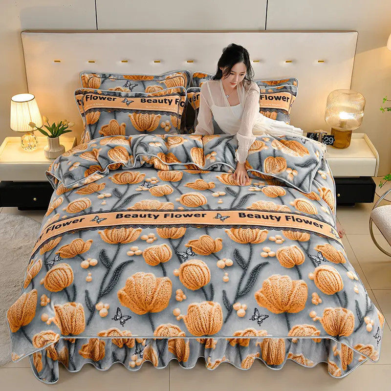 Popular Live-Streamed Fleece-Lined and Thickened Milk Velvet Four-Piece Bedding Set, High Weight, Soft Printed Gold Carving Velvet Gift Bedding