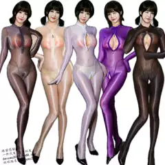 Shiny Jumpsuit with a Silky Texture, Double-Ended Zipper, Over-The-Crotch Design, High-Cut, Foot-Covering, Hand-Covering, Long One-Piece Outfit
