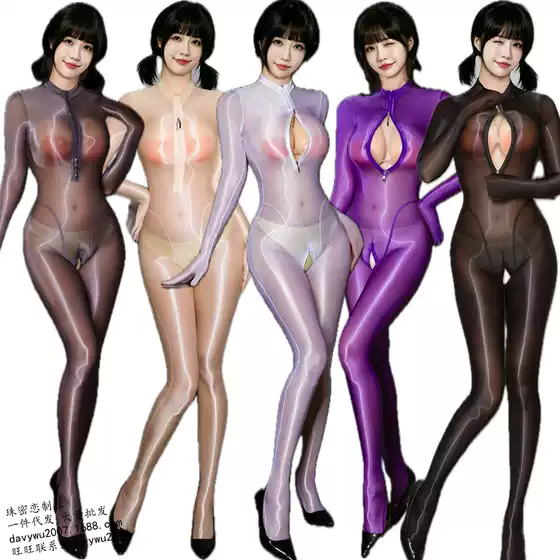 Shiny Jumpsuit with a Silky Texture, Double-Ended Zipper, Over-The-Crotch Design, High-Cut, Foot-Covering, Hand-Covering, Long One-Piece Outfit
