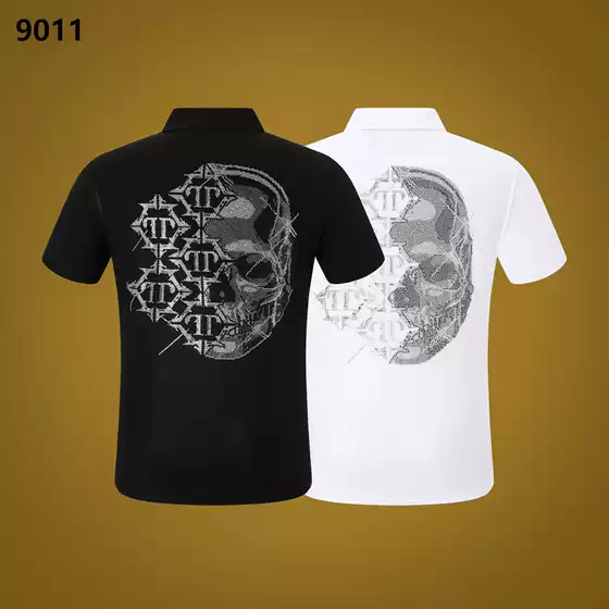 Amazon AliExpress Fashion Brand Philippe Plain PP Men's T-Shirt Skull Head Hot Diamond Short Sleeve polo Lapel