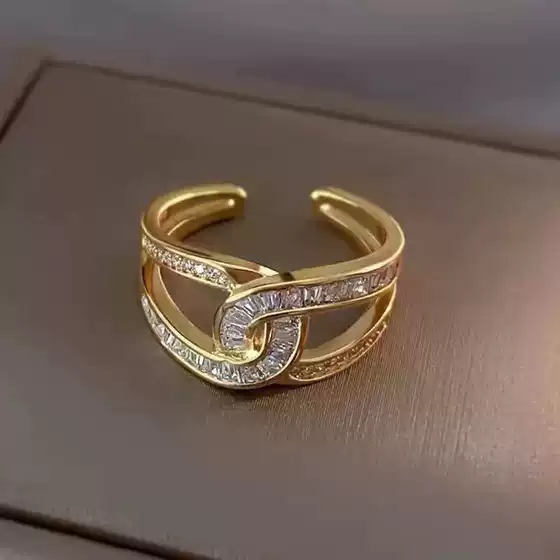 Shake Tone Seiko 925 Silver Flash Diamond Double C Opening Ring Temperament High Sense Fashion All-match No Falling Ring Jewelry
