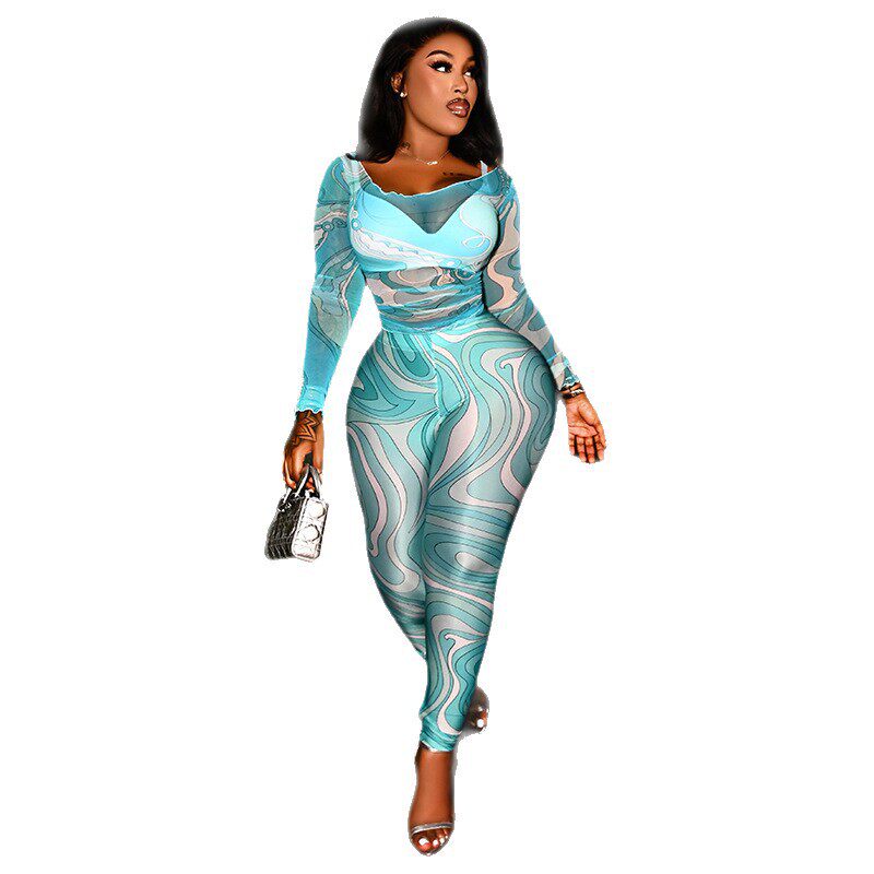 Womens Summer Outfit Set Waist Defining Slim Fit Long Sleeve Top with Mesh Floral Print Tight Fitting Pants