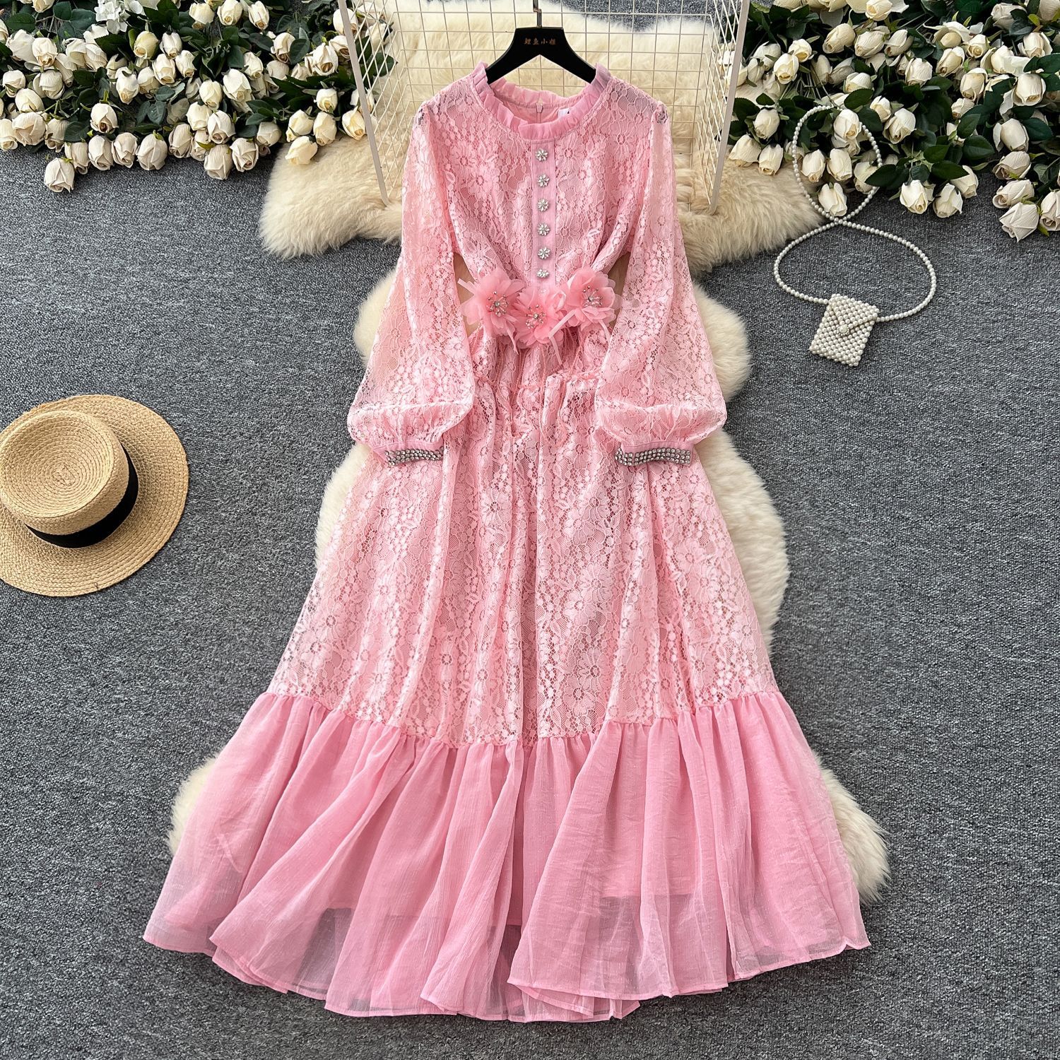 Elegant Summer Long Dress for Women Puff Sleeve Lace Rhinestone Detailing Sheer Fabric Perfect for Parties and