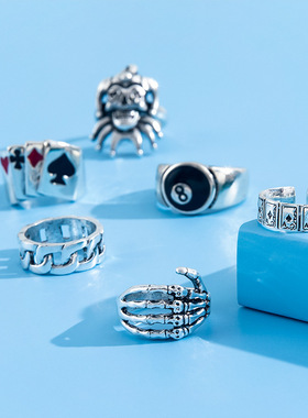 欧美流行饰品士朋克夸张骷髅头鬼爪扑克小丑数字8圆形6件套