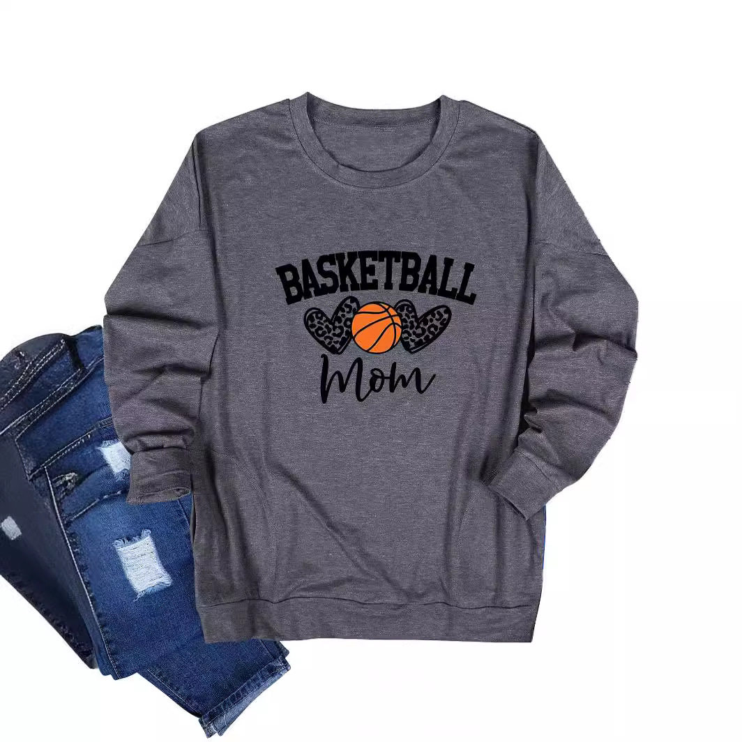 Amazon cross-border new Basketball Mom letter print women's round neck casual thin long sleeve T-shirt