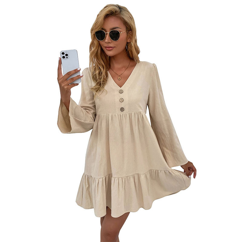 Loose Fit Long Sleeve Dress Cotton Linen Blend Apricot Color Casual Style Wholesale Available