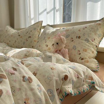 Summer Thin Tape Towel Embroidered 13372 Cotton Double-layer Yarn Four-piece Set Princess Style Lace Printing Ins Simple