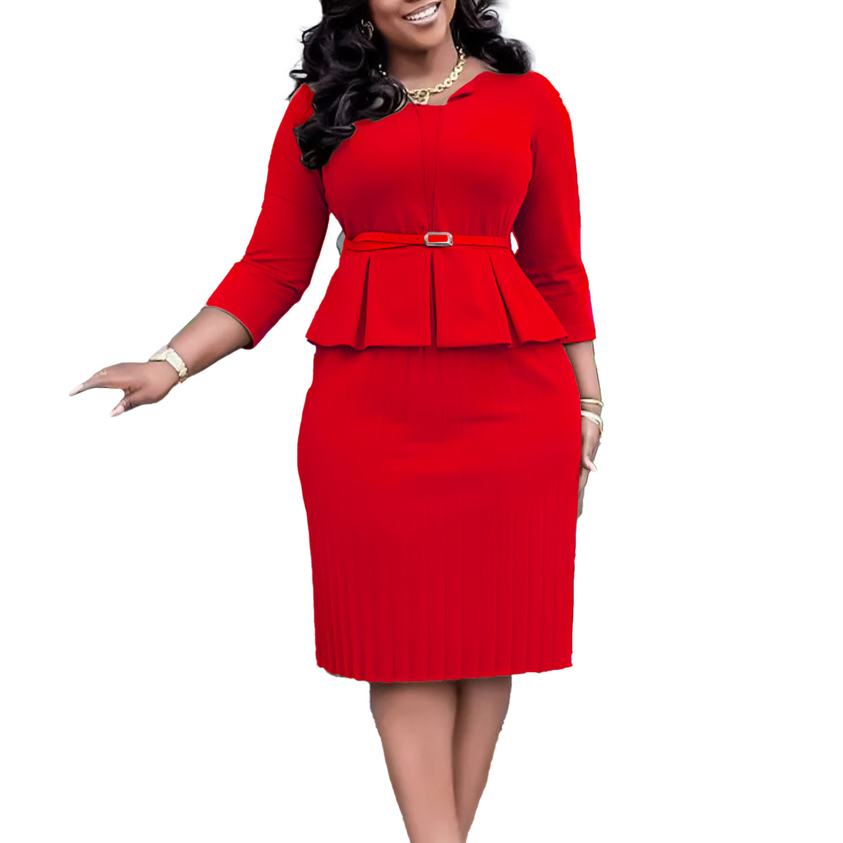 V Neck Ruffle Hem Pencil Skirt High Waist Slim Fit Elegant Design Winter Office Wear for Women Wholesale Available