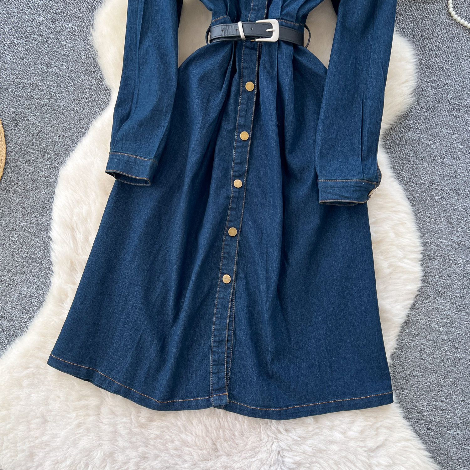 Vintage French Style Long Sleeve Button Up Waist Tie Dress Denim Fabric Retro Collar Elegant Fit Autumn Fashion