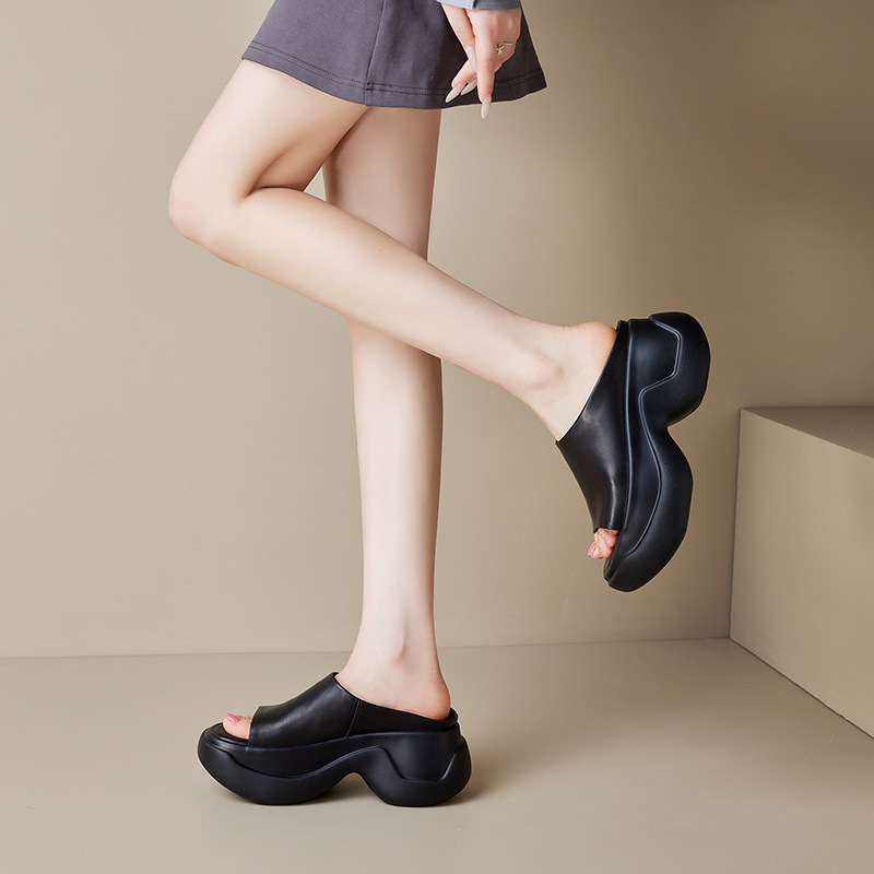 Dép sandal nữ quai ngang đế dày tăng chiều cao 8cm — Màu đen, Màu trắng be