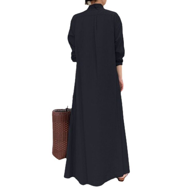 Cotton Linen Long Sleeve Shirt Dress Solid Color Pocket Design Loose Fit Casual Everyday Wear Ready to Ship