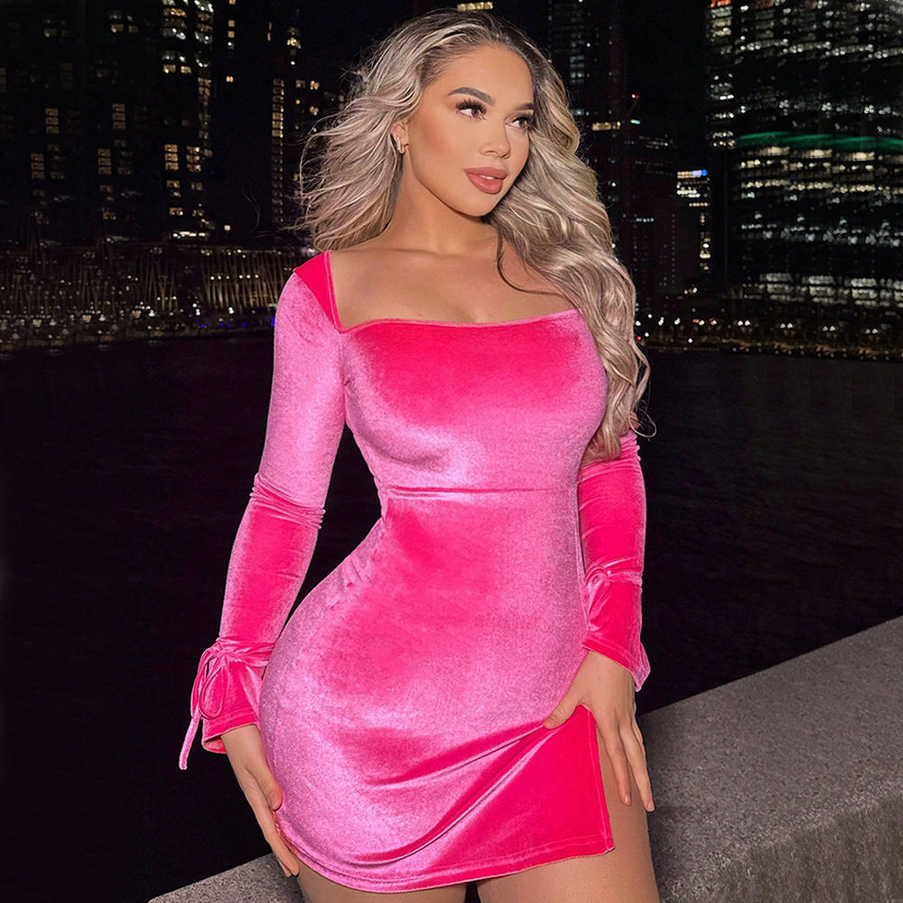 Velvet Bodycon Dress Square Neck Long Sleeve Side Slit Slim Fit Party Wear for Women Wholesale Available