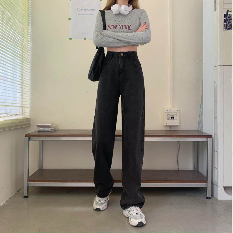 High Waisted Black Denim Pants for Women Loose Fit Straight Leg Floor Length Casual Autumn Style Wholesale Available