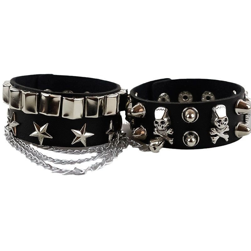 New Cool Girl Punk Leather Rivet Bracelet Personalized Skull Street Dance Accessories Hip-hop Bracelet Wide Bracelet Trendy Men