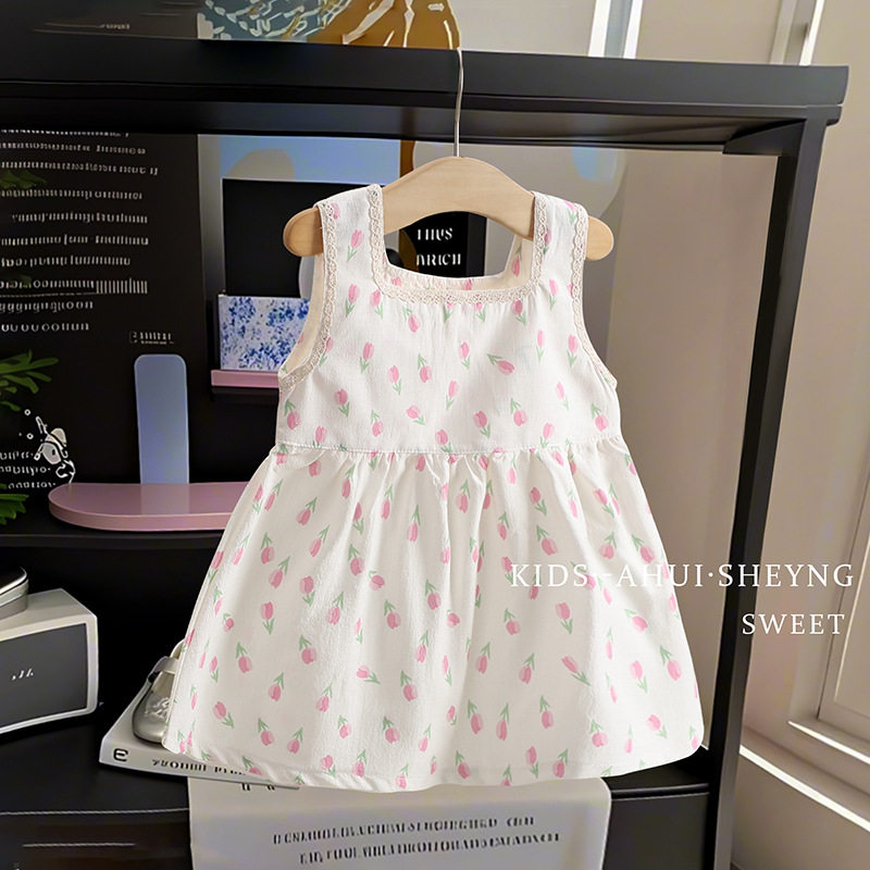 Gaun putri motif bunga penuh anak perempuan baru musim panas, gaya liburan manis, gaun tali