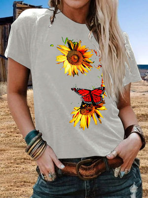 Plus Size Womens Short Sleeve T Shirt Sunflower Butterfly Print Casual Round Neck Top Wholesale Available