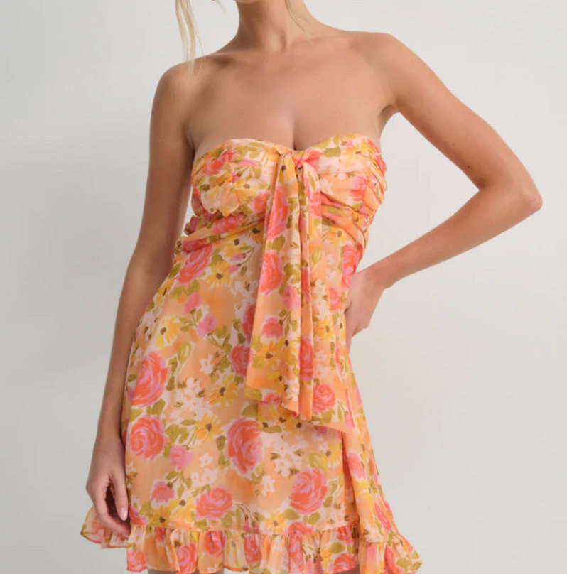 Floral Print A Line Dress Sheer Fabric Strapless Elegant Design Perfect for Summer Events Wholesale Available