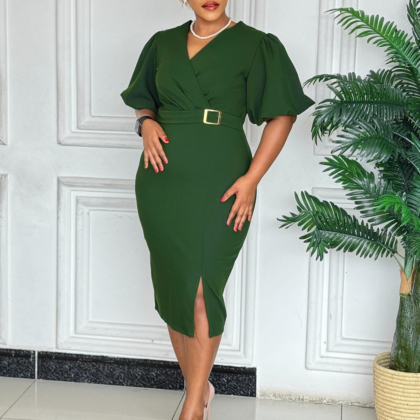 Fashionable V Neck Puff Sleeve Bodycon Dress Solid Color Waist Defined Side Slit Perfect for Parties or Events