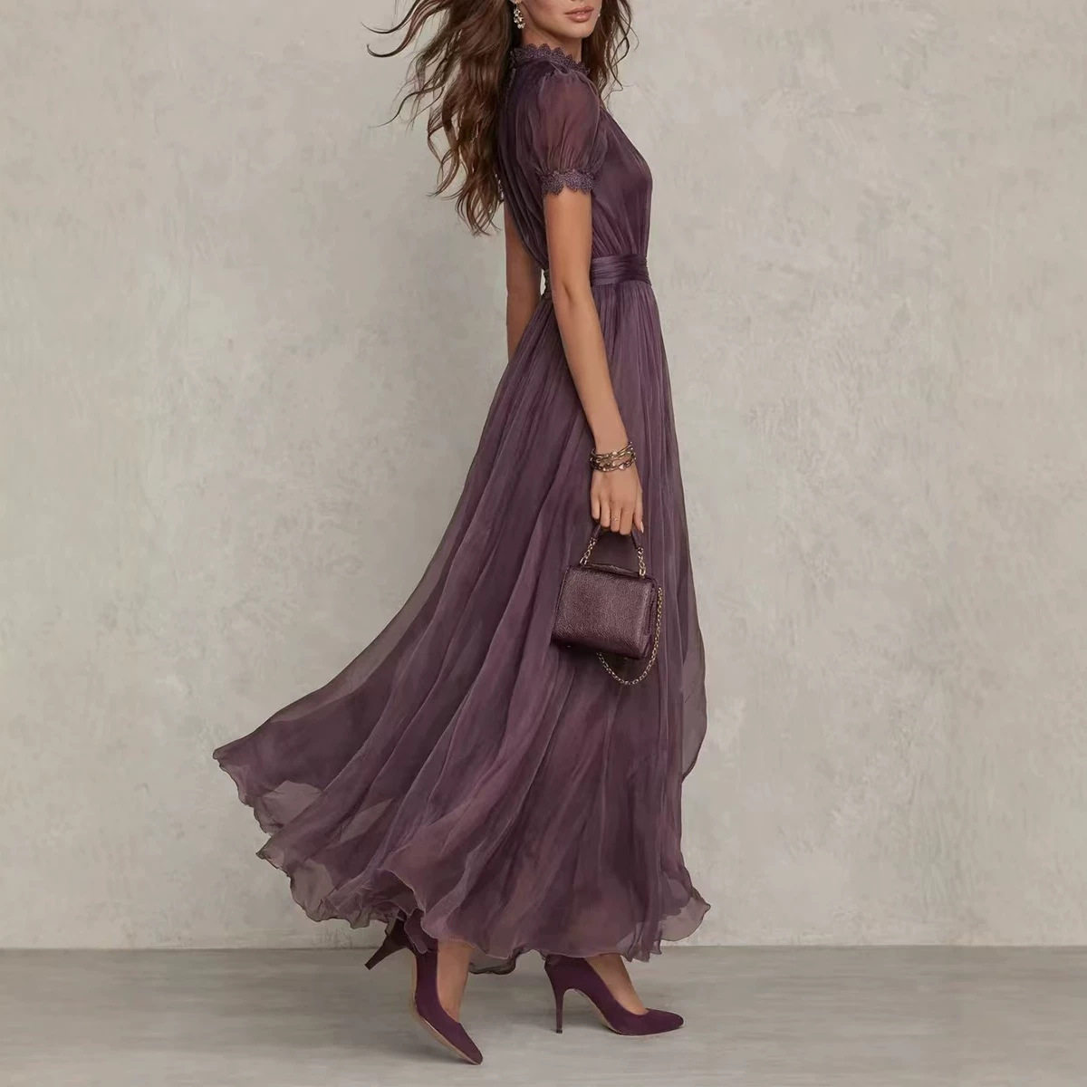 Elegant Lace Collar Waist Defined Dress Spring Summer Collection Fashionable Design Suitable for Casual or Formal
