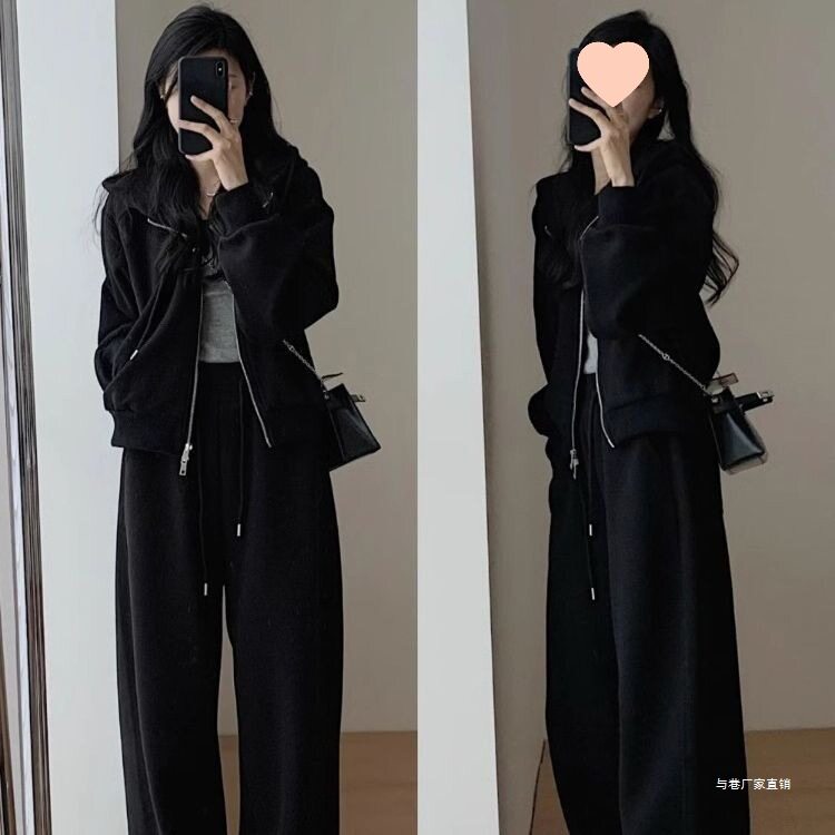 Autumn and Winter Casual Sweatshirt Sports Suit Women's Fashion Loose Large Size Slimming Age-Reducing Wide-Leg Pants Running Two-Piece Set