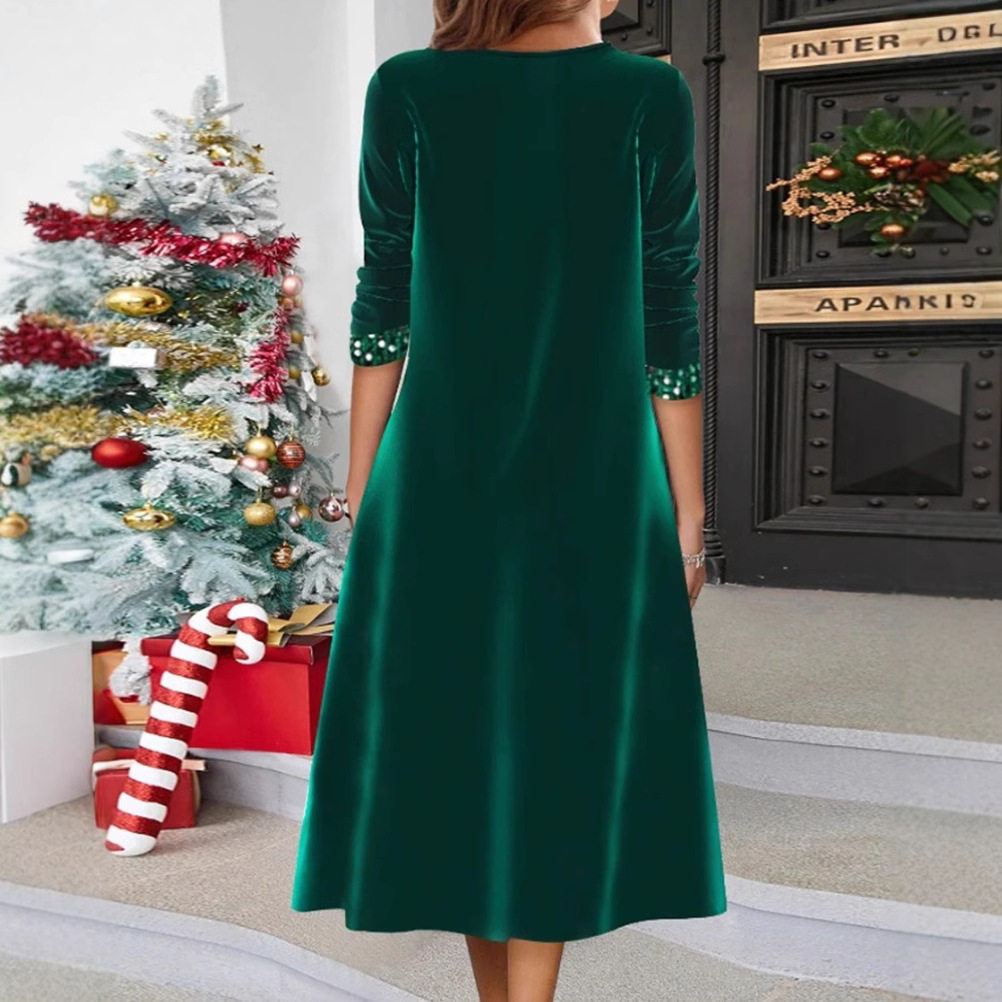 V Neck Long Sleeve Dress Solid Color Sequin Detail Elegant Style Perfect for Autumn and Winter Wholesale Available
