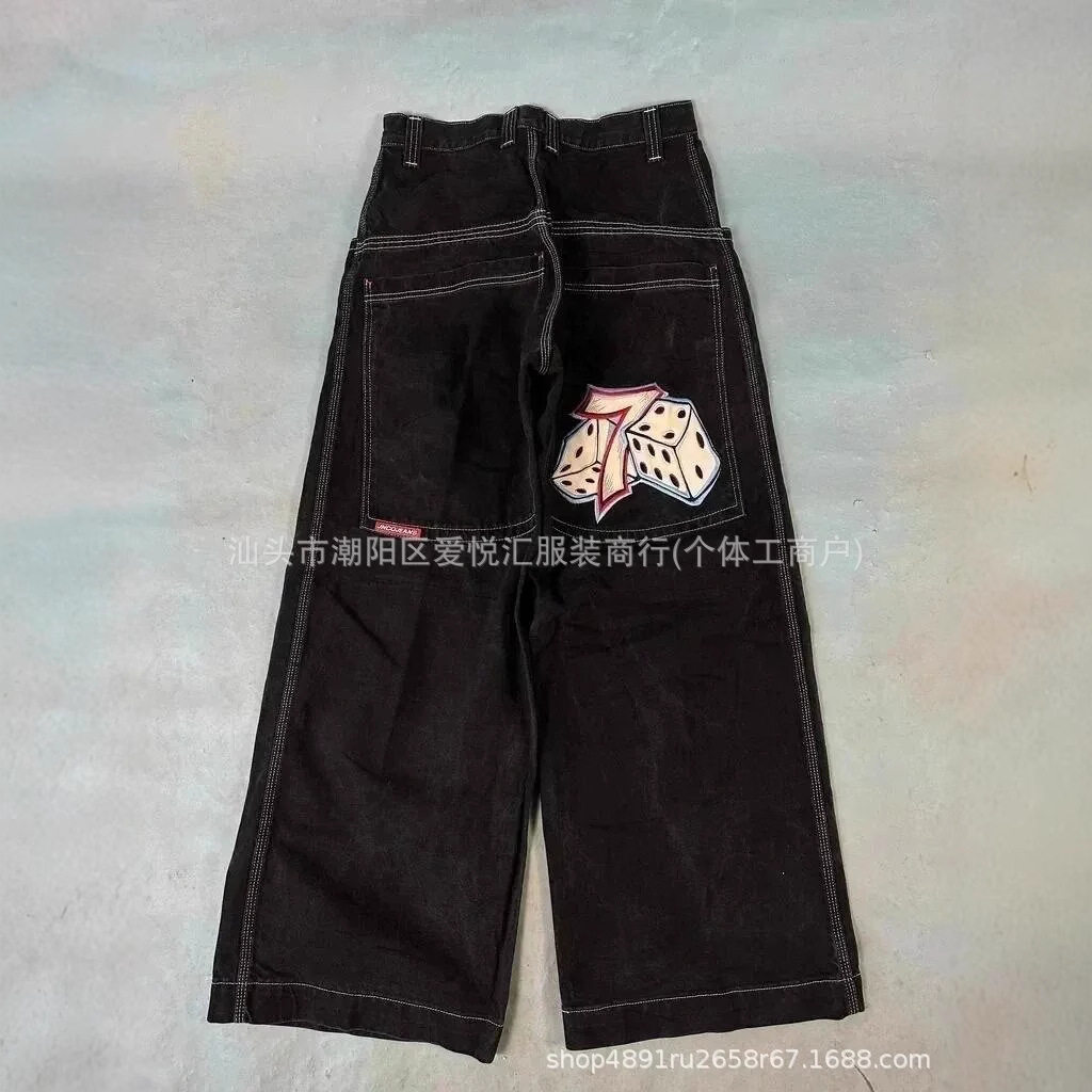 2024春秋季新款跨境美式潮牌复古水洗Y2K刺绣嘻哈图案男式牛仔裤