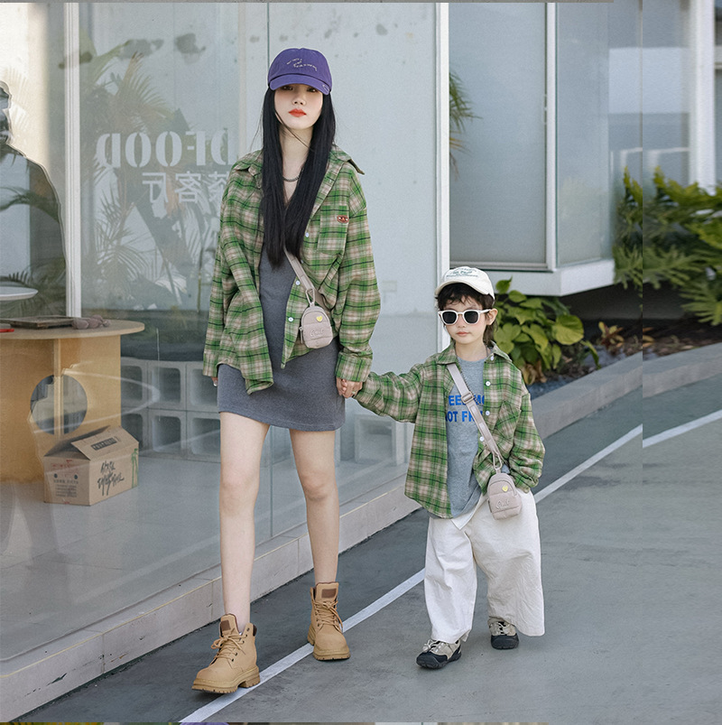 亲子装春秋绿格子长袖衬衫2025新款洋气男女童衬衣母子装上衣外套 - 图2