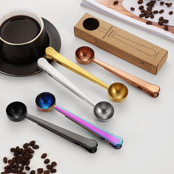 Spot 304 Stainless Steel Coffee Bean Measuring Spoon with Clip Multifunctional Milk Powder Spoon Measuring Spoon Seal Two-In-One Sealing Clip