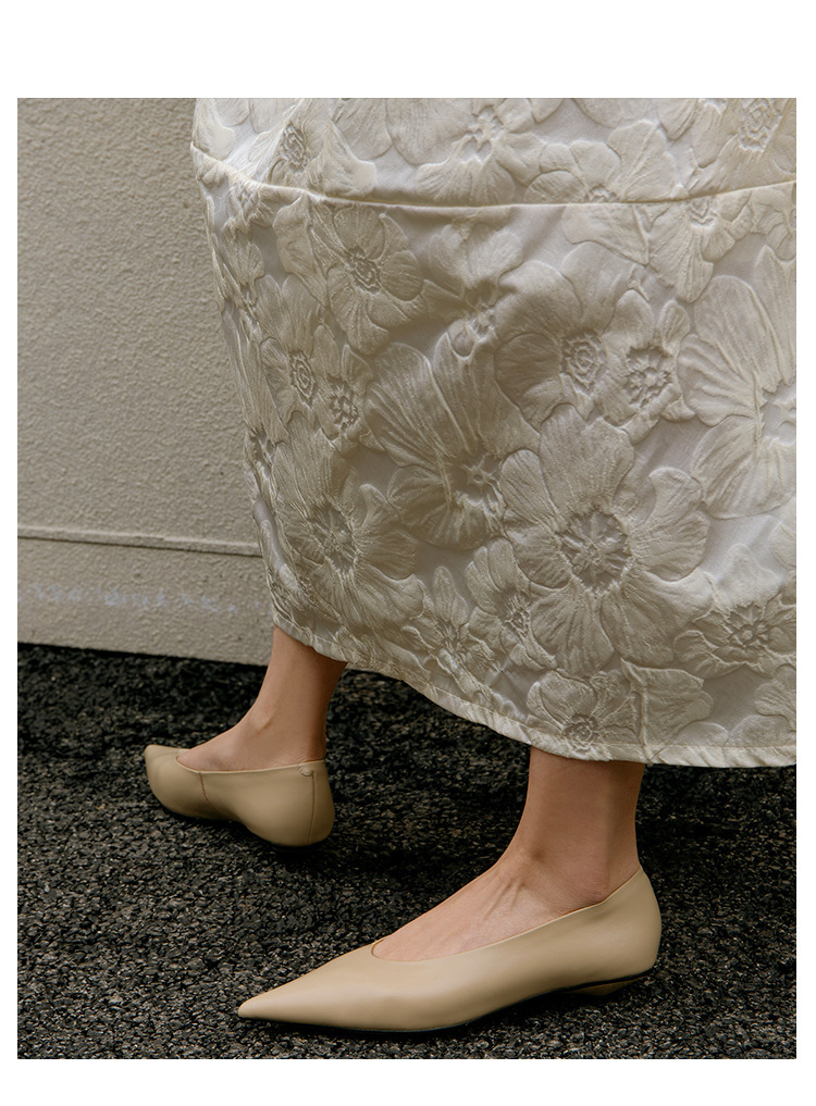 Giày cao gót nữ mũi nhọn gót thô 3cm da bò thật, giày slip-on thanh lịch dễ phối đồ — Chu Guli, Màu trà sữa, màu xanh mờ