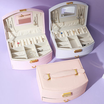 Fan-Shaped Double-Layer Jewelry Box with Mirror Jewelry Display Box Dressing Table Portable High-End Jewelry Storage Box