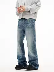 New fashion design lightning pattern washed jeans men's American retro cleanfit straight flared pants