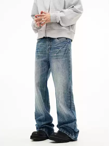 New fashion design lightning pattern washed jeans men's American retro cleanfit straight flared pants