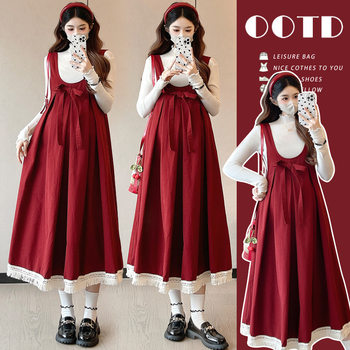 2025 Maternity Autumn Outfit Set, Fashionable Red Suspender Dress + White Inner Top, Two-Piece Cotton Set for Pregnancy