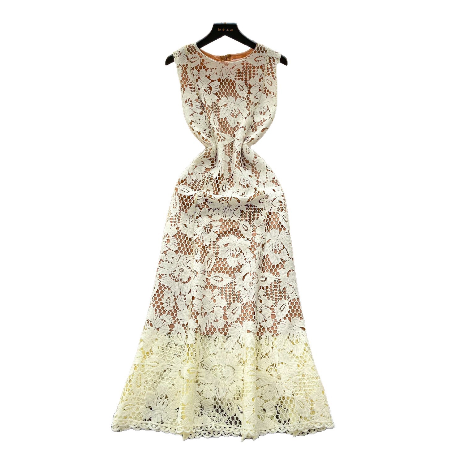 French Romantic Style Lace Hollow Out Sleeveless Dress High Waist A Line Silhouette Elegant Summer Long Dress Wholesale
