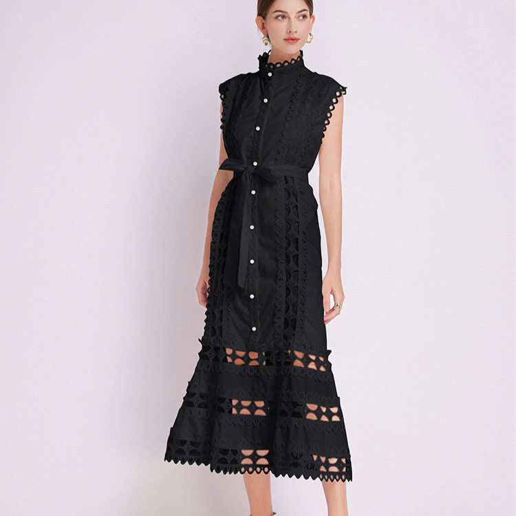French Lace A Line Dress Hollow Out Ruffled Hem Waist Tie Elegant Style Summer Occasion Wholesale Available
