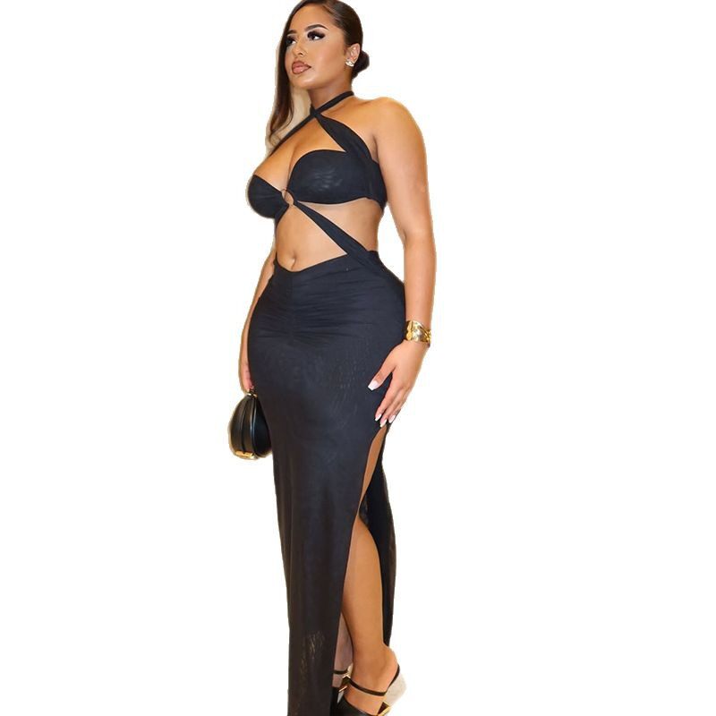 Fashionable Solid Color Bodycon Dress Sexy Ruched Design Halter Neck Backless Perfect for Parties and Night Out