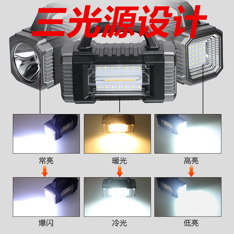 Cross-Border Solar Portable Lamp Multi-Function Three-Light Source Work Lamp Outdoor Long-Range Emergency Lighting Solar Flashlight