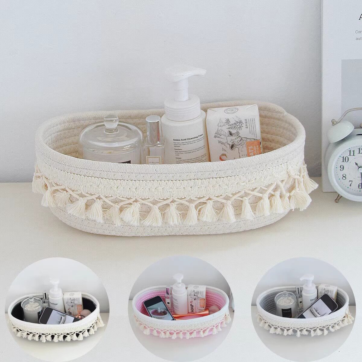 Woven Basket Off-White Rectangular Round Tassel Cotton Rope Storage Basket Sundry Storage Basket Living Room Storage Basket