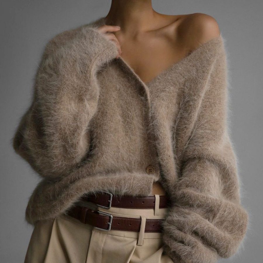 Womens Oversized Knit Cardigan Soft Faux Mink Fabric Long Sleeves Casual Style Perfect for Spring and Autumn