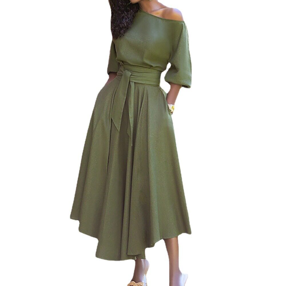 Elegant One Shoulder Tie Waist Long Sleeve Dress Solid Color Spring Collection Womens Fashion Wholesale Available