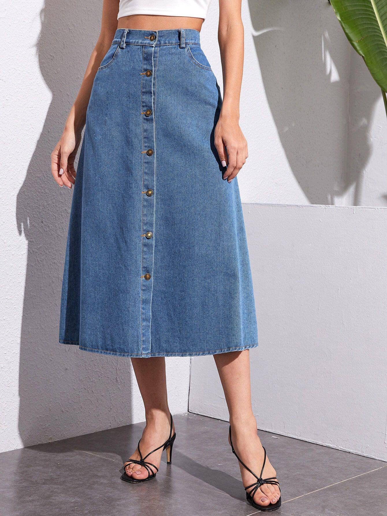 High Waisted Denim Midi Skirt Button Detail Trendy Design Casual Style Wholesale Availability