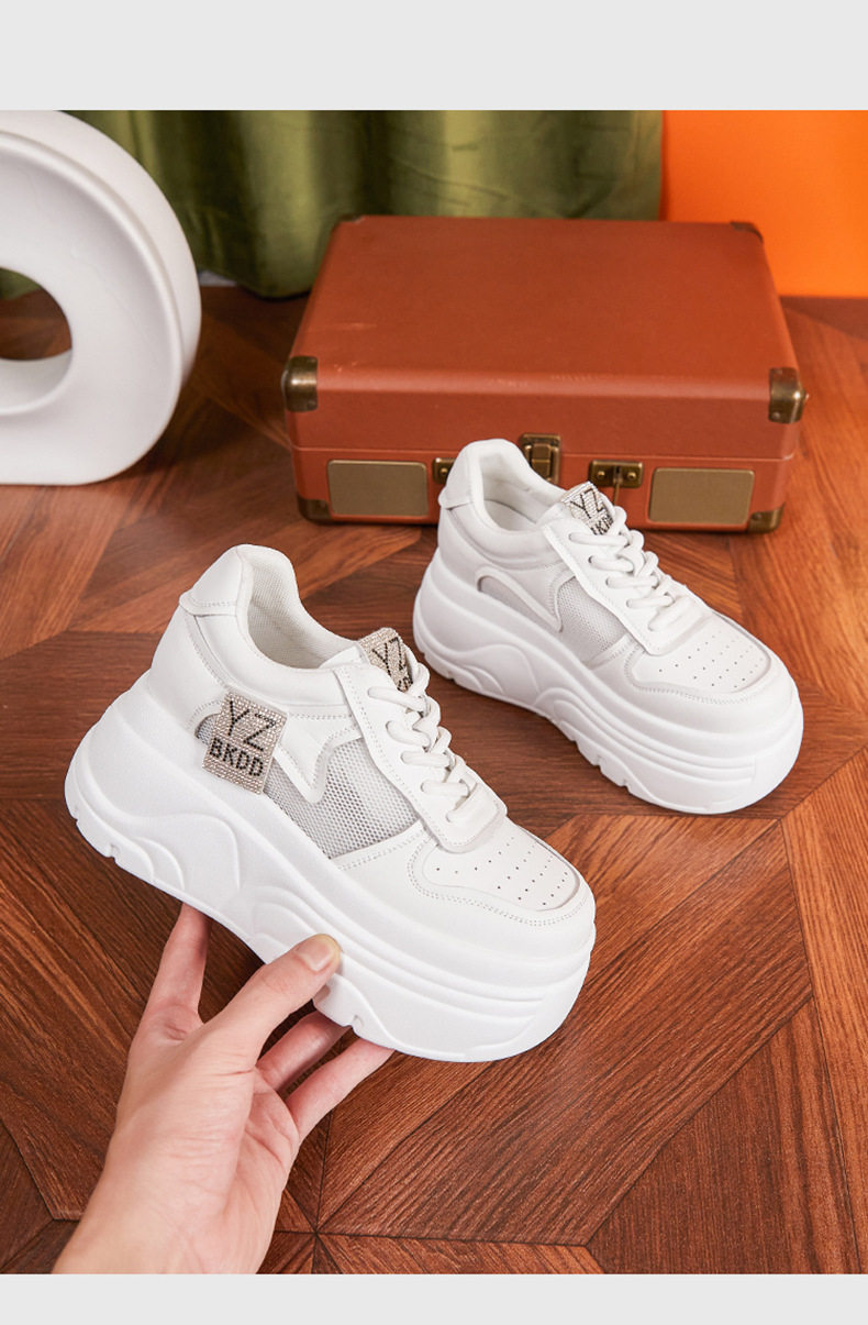 Giày sneaker nữ chunky đế dày lưới thoáng khí phong cách đường phố — Trắng, Trắng, đen chi tiết 13
