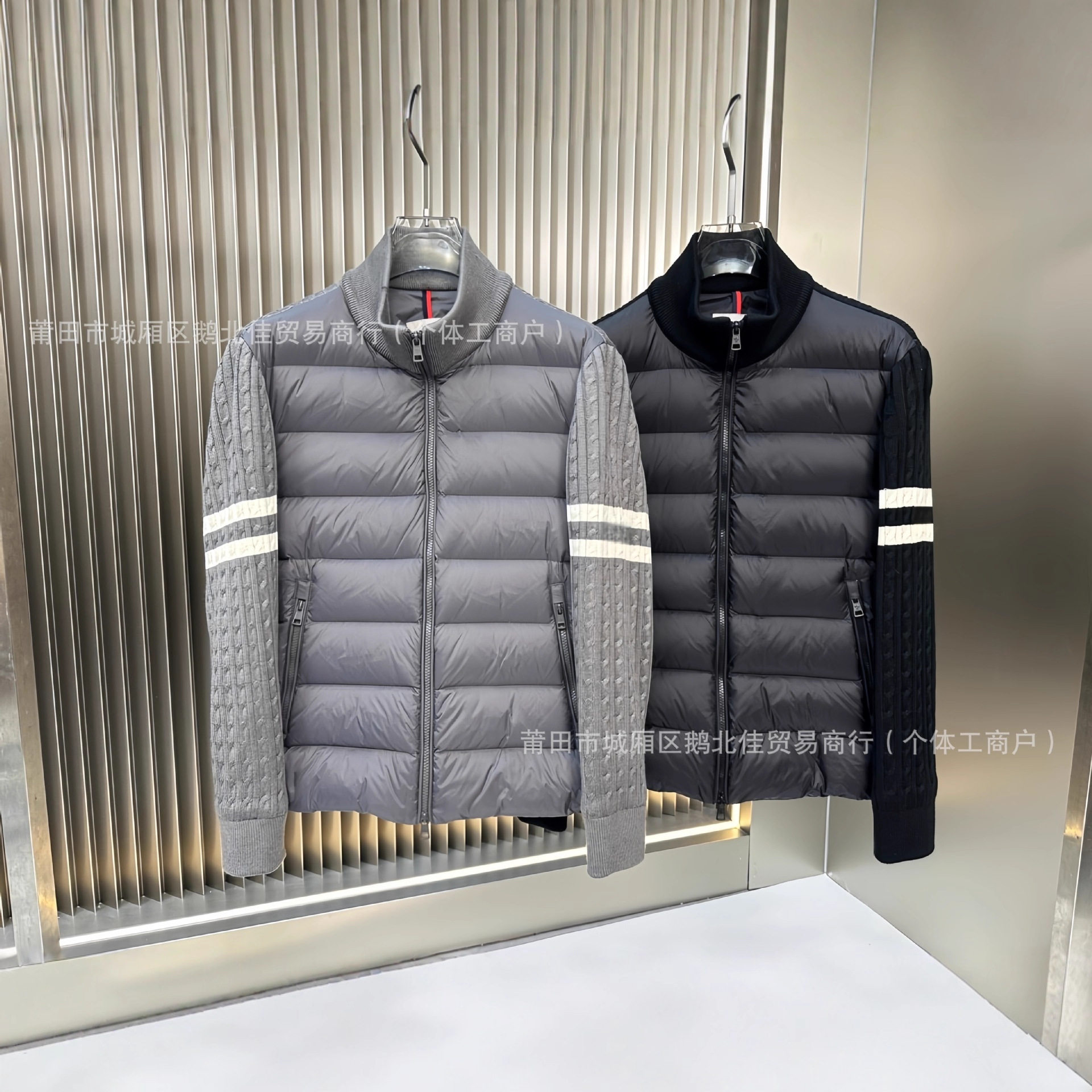 Padded Corduroy down Jacket with Knitted Sleeves for Men and Women, Stand Collar, Zipper, Striped Wool Splicing Jacket
