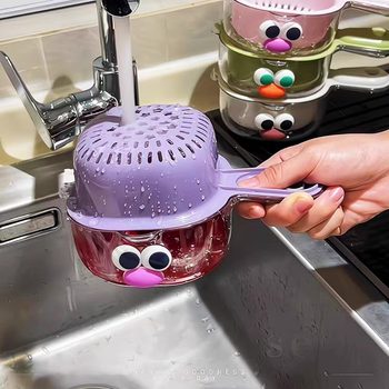 Dopamine Draining Basket for Home Kitchen, Thickened Double-Layer Vegetable Washing Basket, Portable Hollow Fruit and Rice Washing Multi-Purpose Basin