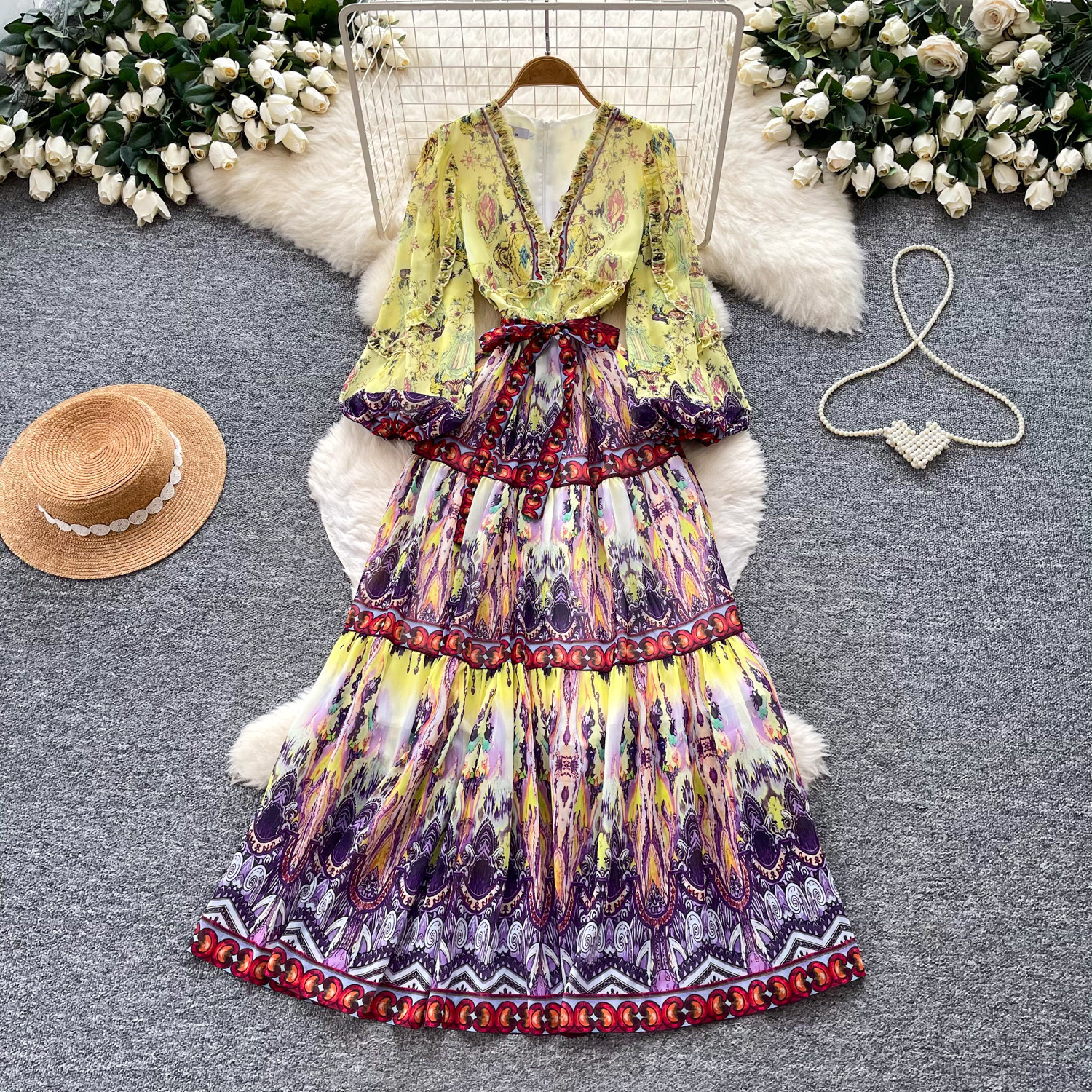 Bohemian Floral Maxi Dress for Women V Neck Long Sleeve Waist Tie A Line Silhouette Elegant Vacation Style